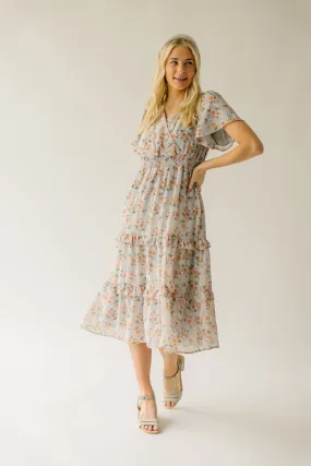 The Jessalynn Smocked Detail Midi Dress in Dusty Blue Floral