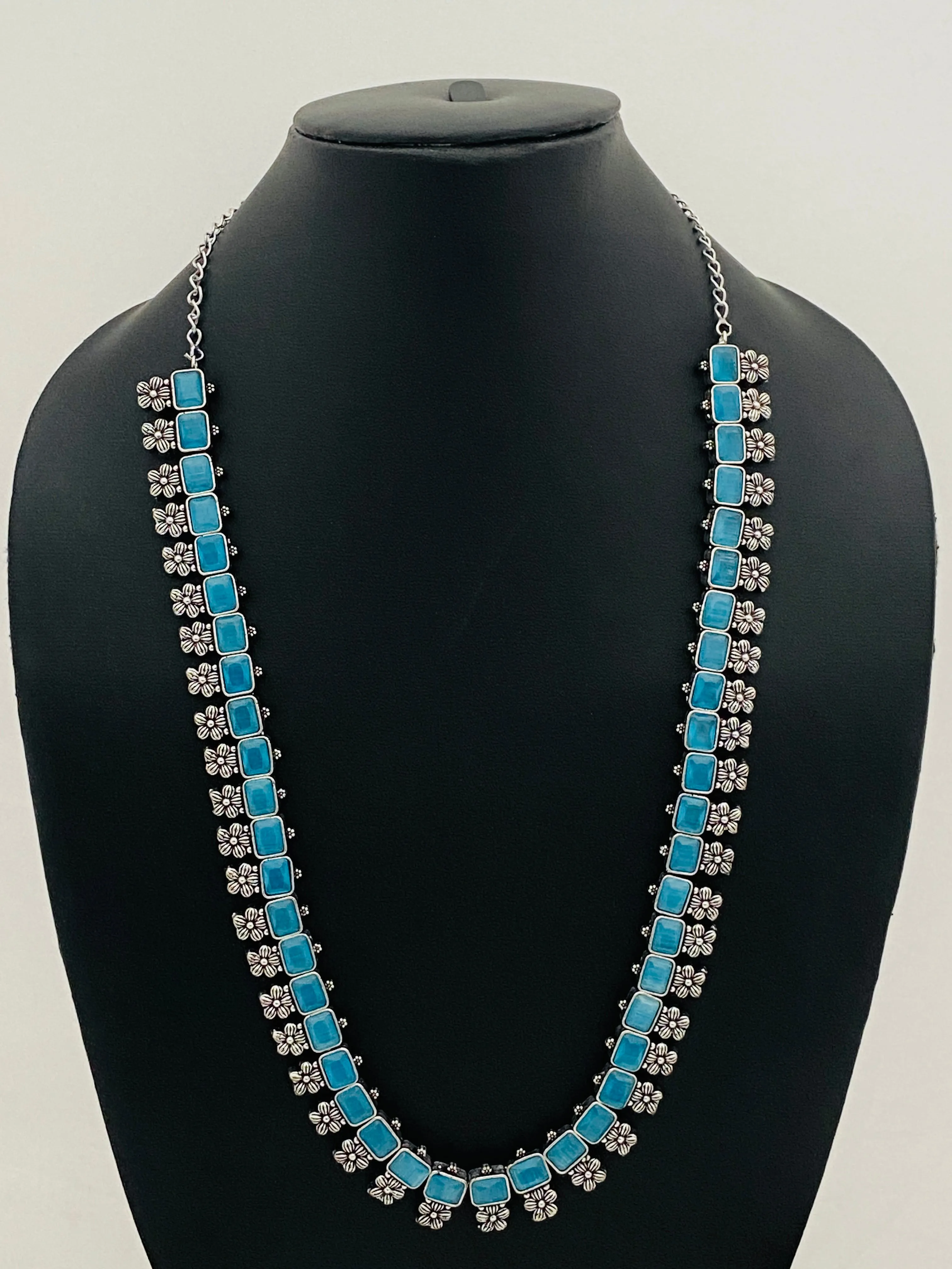 Trendy Sky Blue Rectangle Stone With Floral Designed Silver Plated Oxidized Necklace Set With Earrings