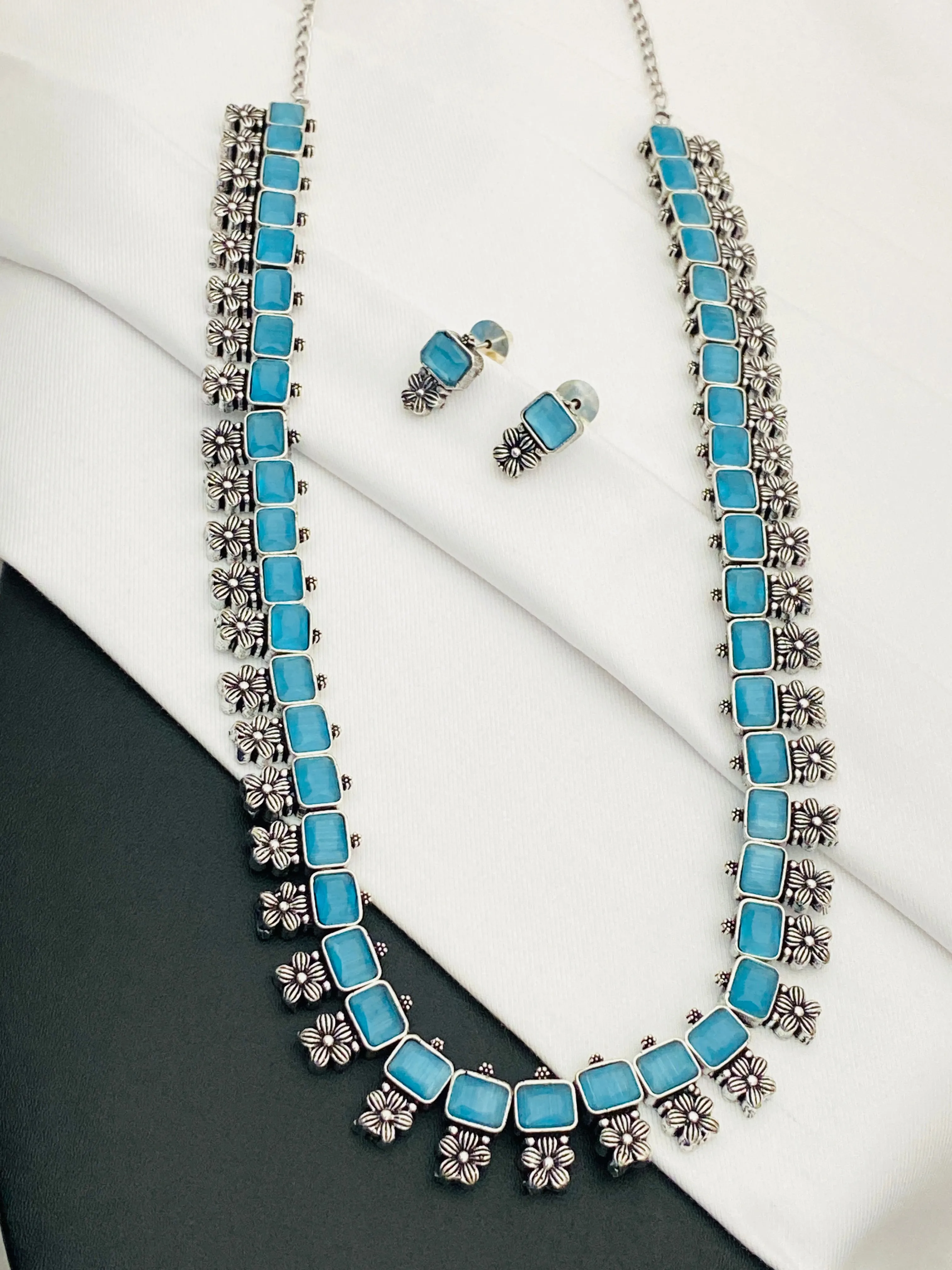 Trendy Sky Blue Rectangle Stone With Floral Designed Silver Plated Oxidized Necklace Set With Earrings