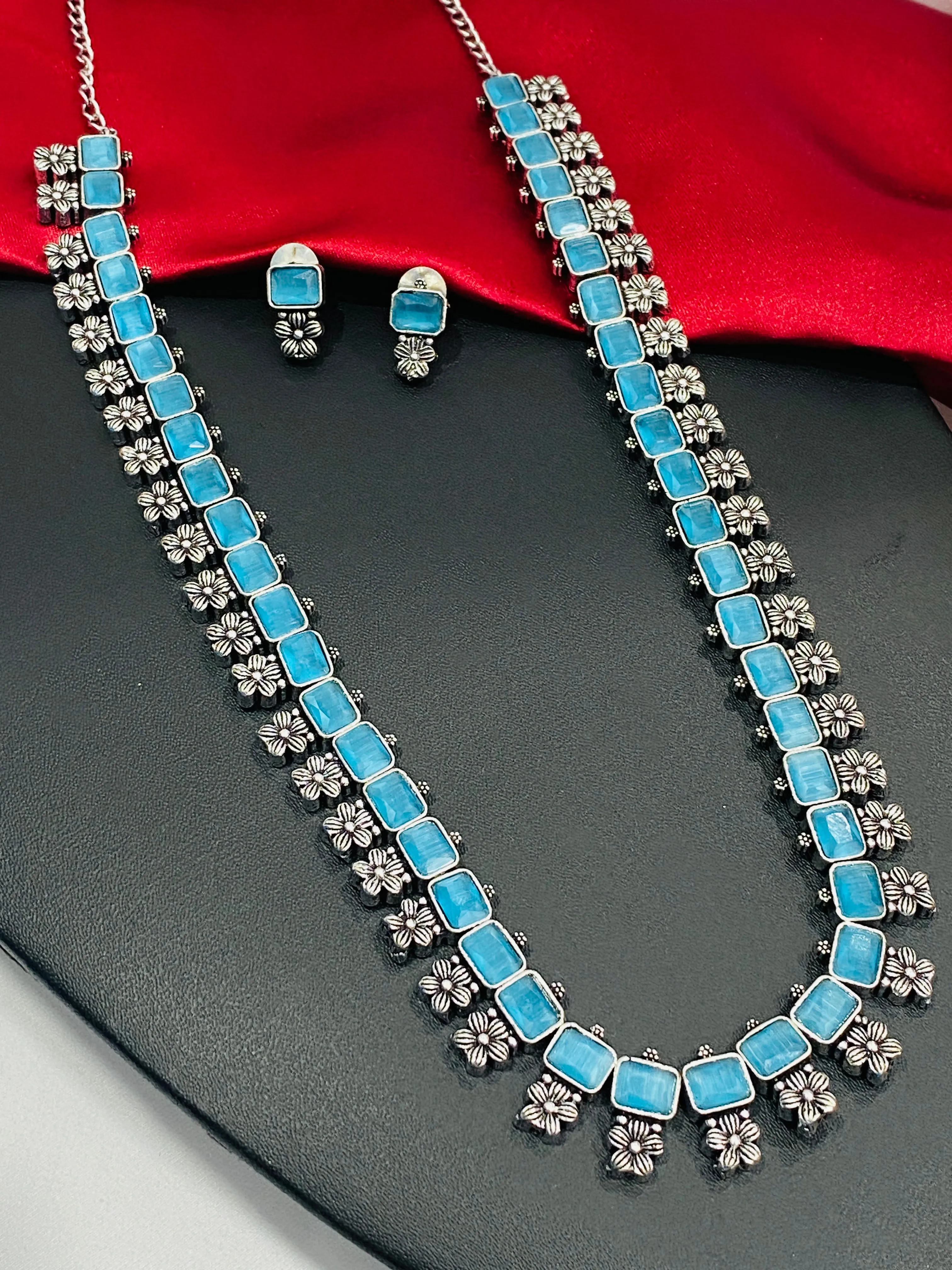 Trendy Sky Blue Rectangle Stone With Floral Designed Silver Plated Oxidized Necklace Set With Earrings