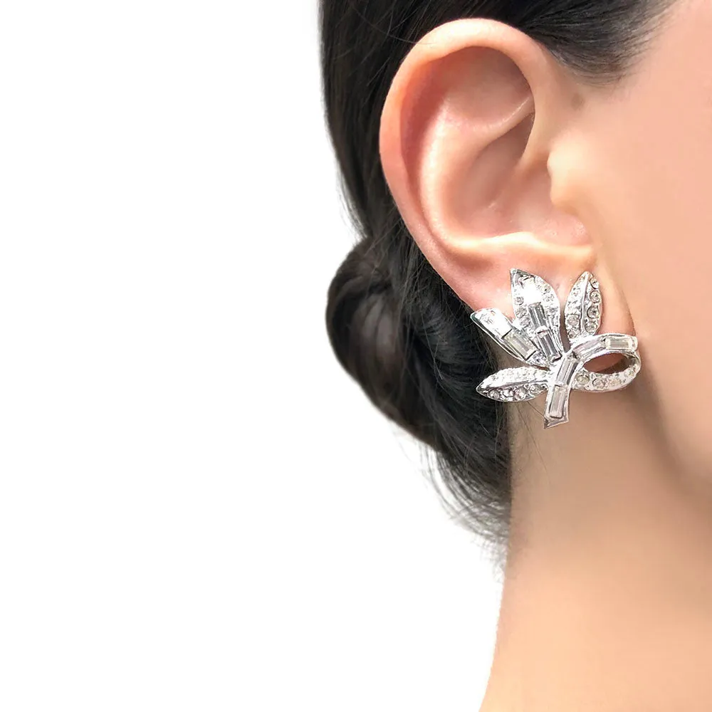 【USA輸入】ヴィンテージ クリア ラインストーン フローラル イヤリング/Vintage Clear Rhinestones Floral Clip On Earrings