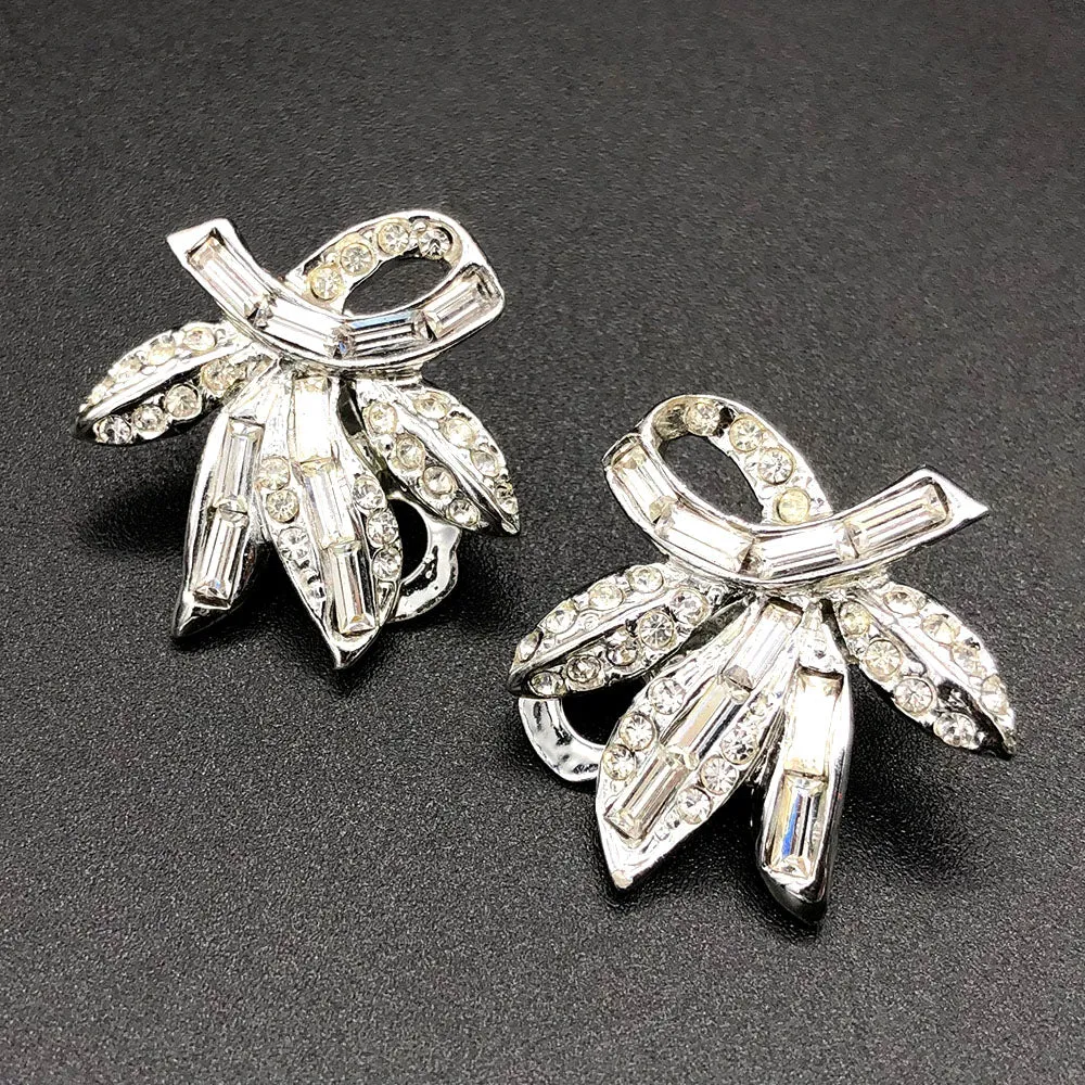 【USA輸入】ヴィンテージ クリア ラインストーン フローラル イヤリング/Vintage Clear Rhinestones Floral Clip On Earrings