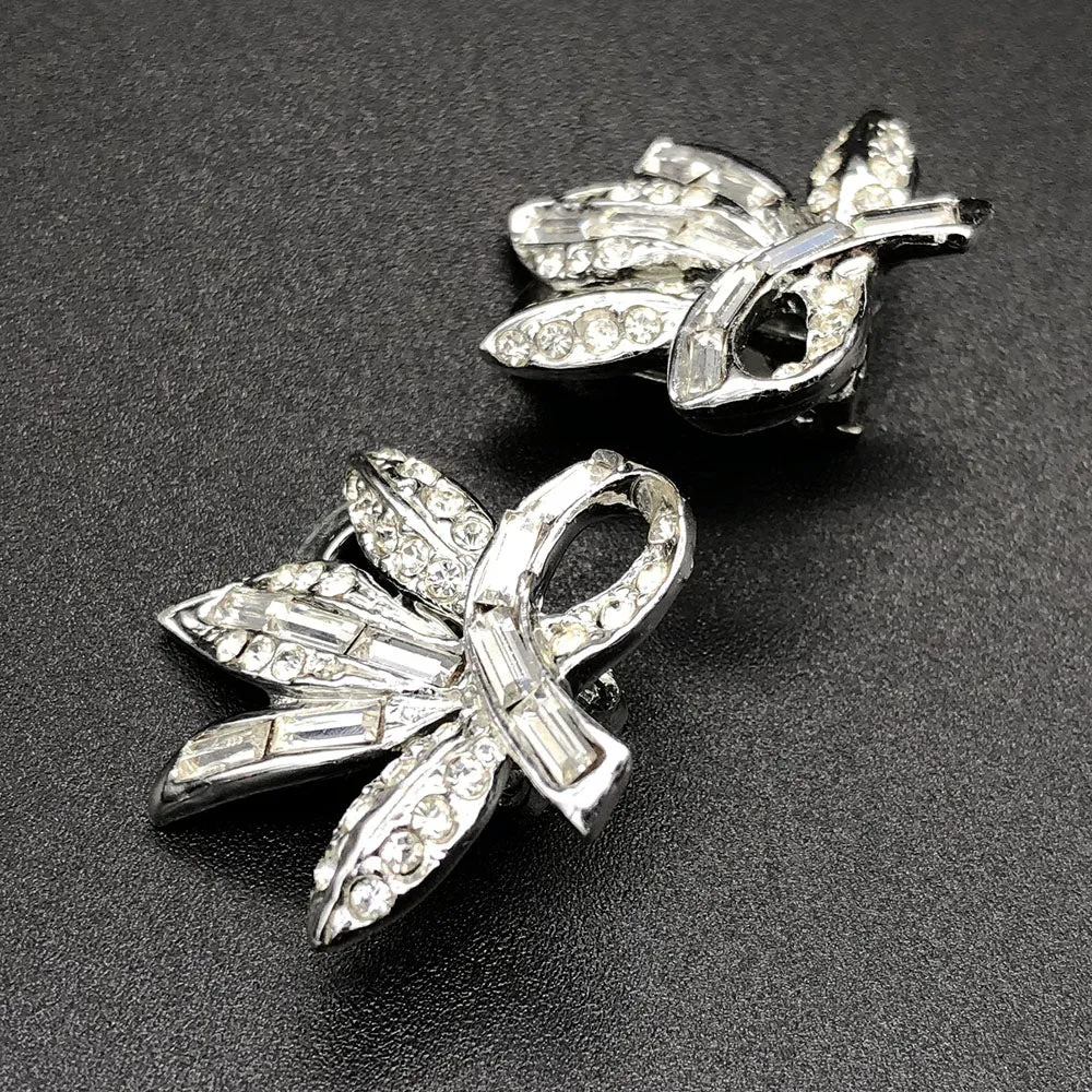 【USA輸入】ヴィンテージ クリア ラインストーン フローラル イヤリング/Vintage Clear Rhinestones Floral Clip On Earrings