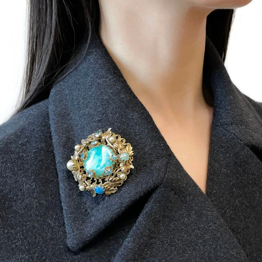 【USA輸入】ヴィンテージ フィリグリー フローラル カボション ブローチ/Vintage Filigree Floral Cabochon Brooch