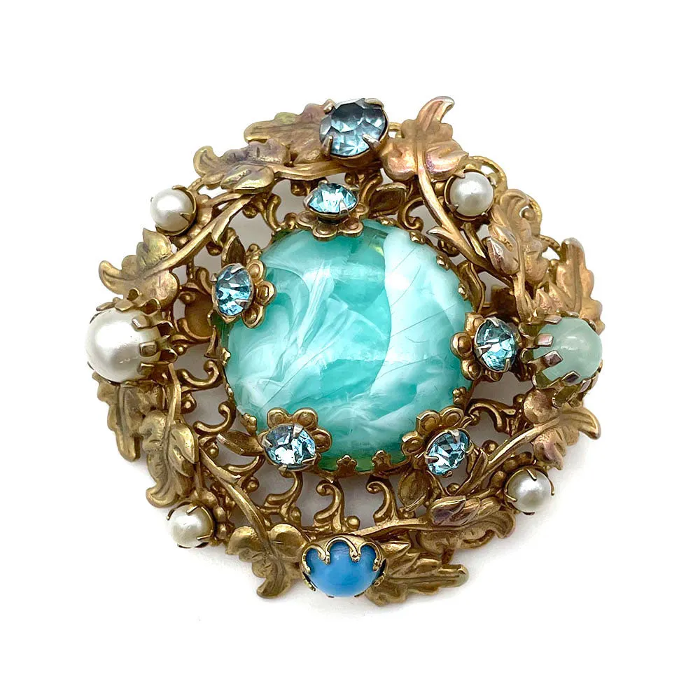 【USA輸入】ヴィンテージ フィリグリー フローラル カボション ブローチ/Vintage Filigree Floral Cabochon Brooch