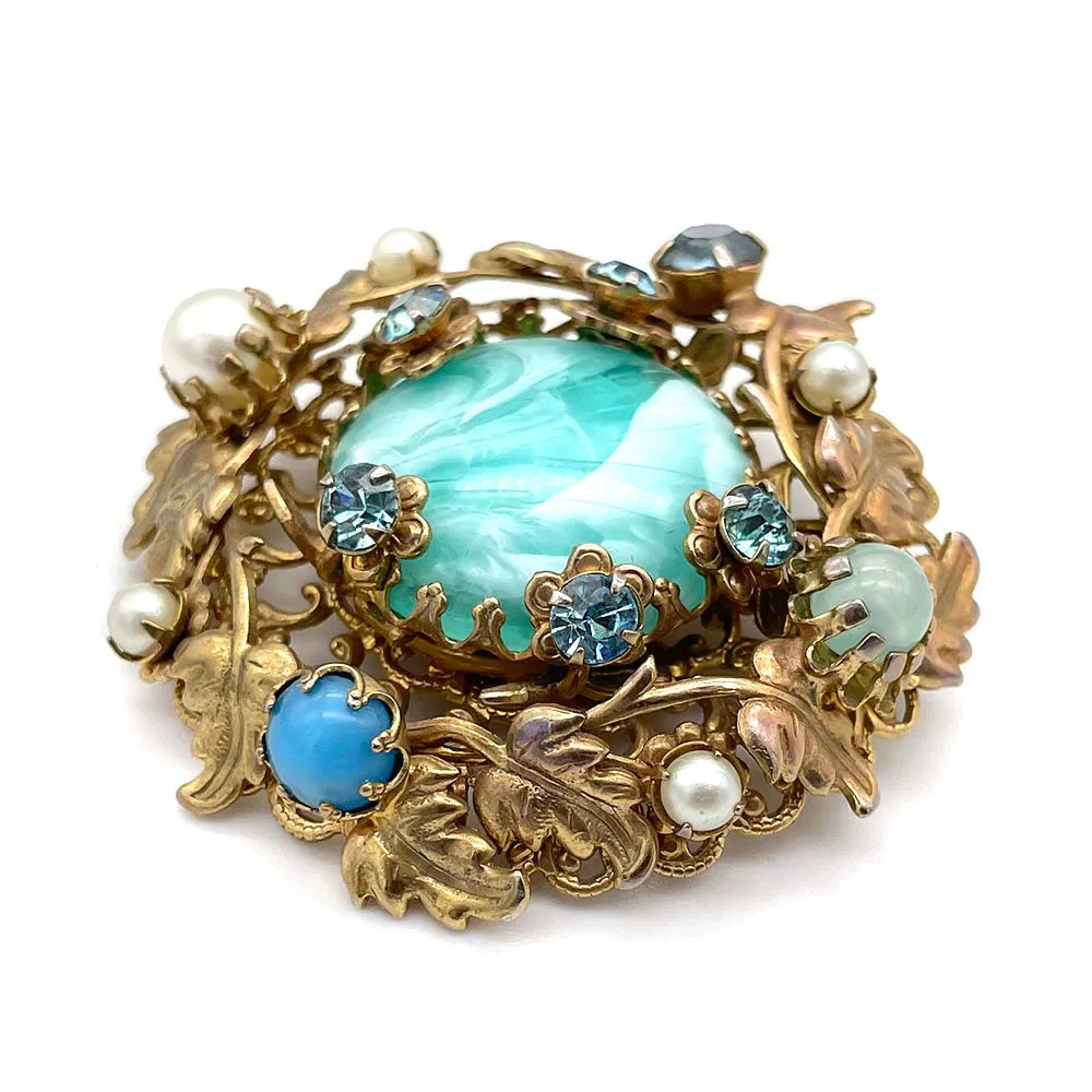 【USA輸入】ヴィンテージ フィリグリー フローラル カボション ブローチ/Vintage Filigree Floral Cabochon Brooch