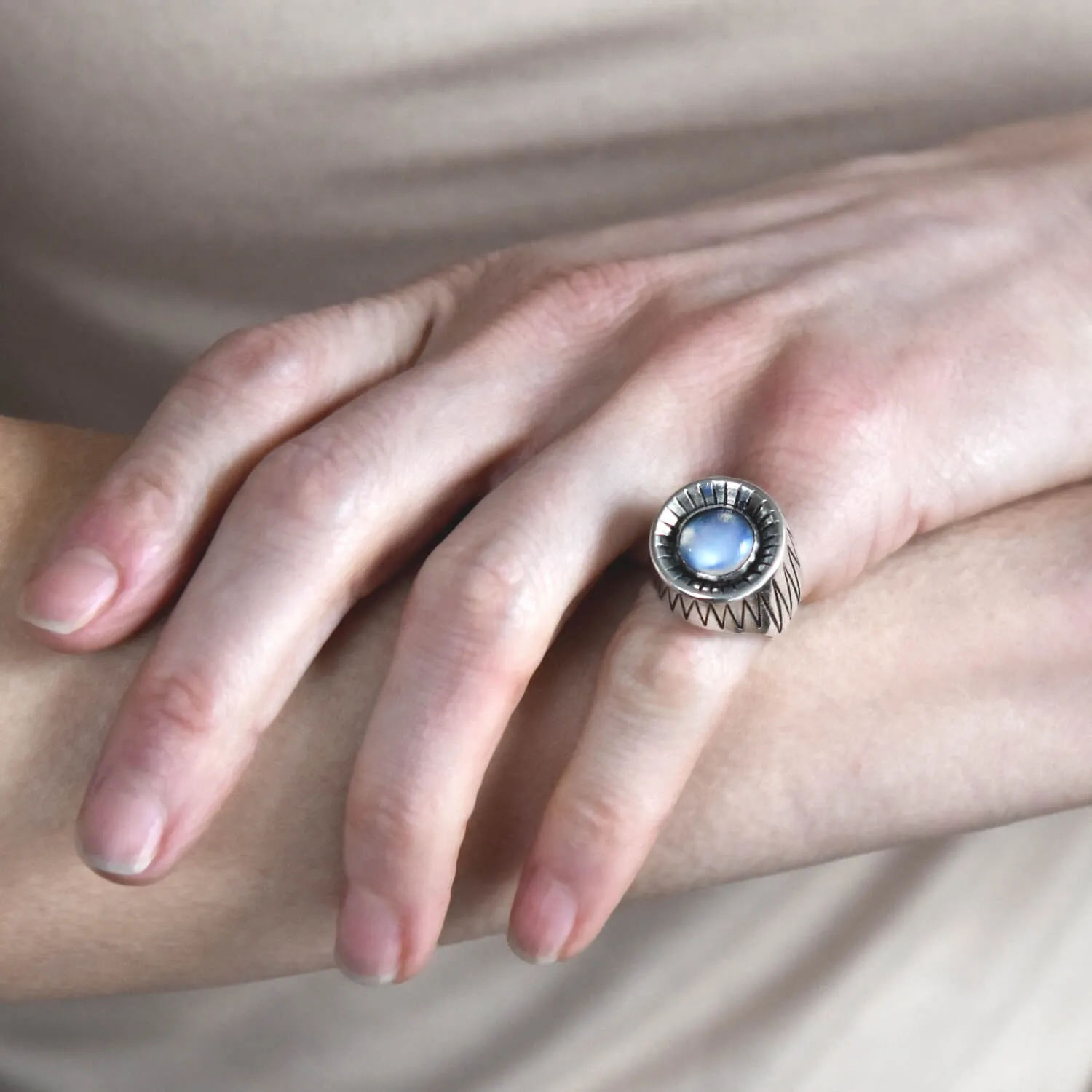 Vintage Modernist Swedish Sterling Silver Moonstone Ring