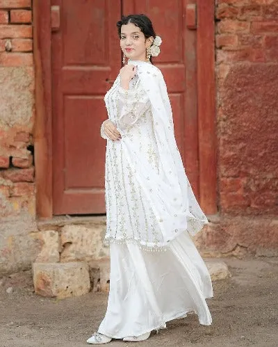 White Georgette Embroidery & Rivet Moti Work Palazzo Suit Set