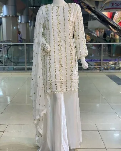 White Georgette Embroidery & Rivet Moti Work Palazzo Suit Set