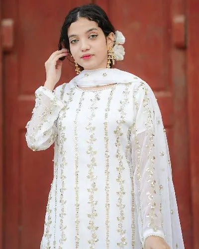 White Georgette Embroidery & Rivet Moti Work Palazzo Suit Set